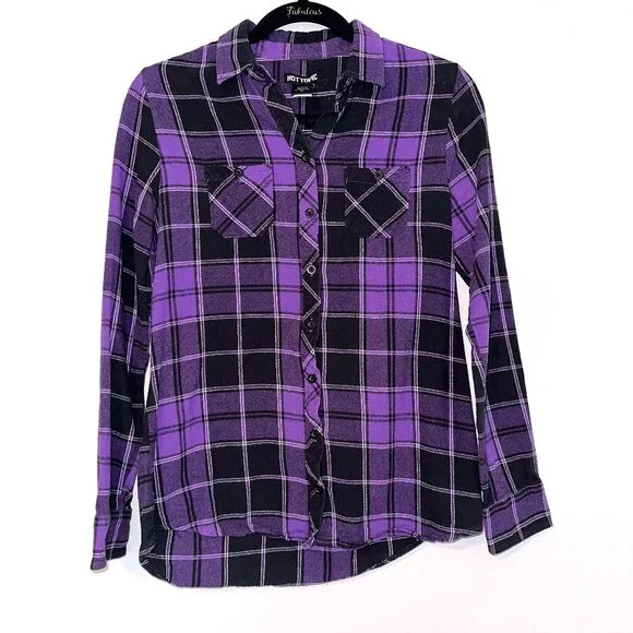 EUC Hot Topic Plaid purple and black flannel buttondown shirt, Size S - Picture 1 of 4